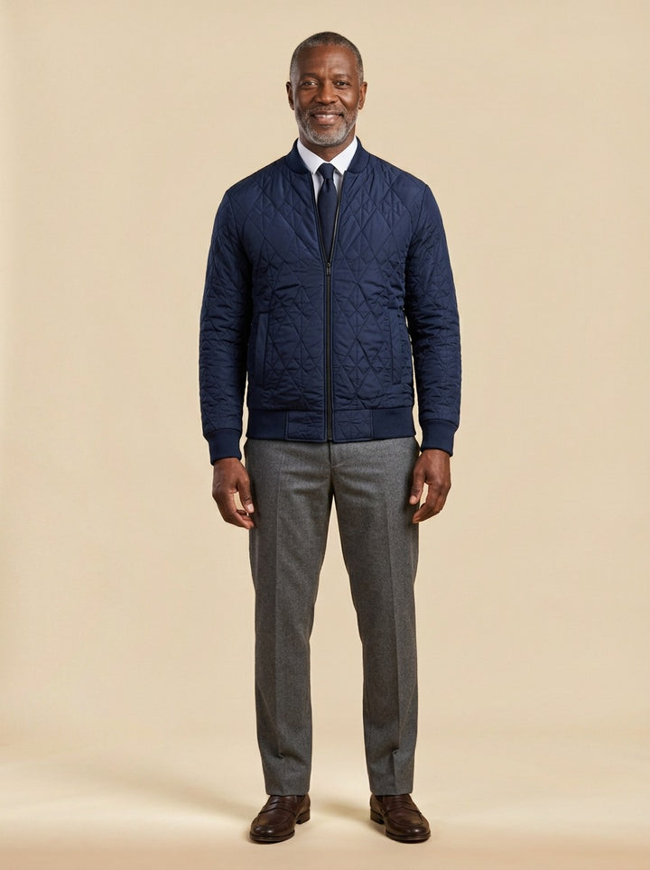 Haskell quilted bomber jacket in Navy, studio, Gentlemens Manor
