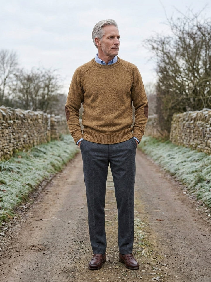 Hastings crew neck sweater in Camel, lifestyle on a country lane, Gentlemens Manor
