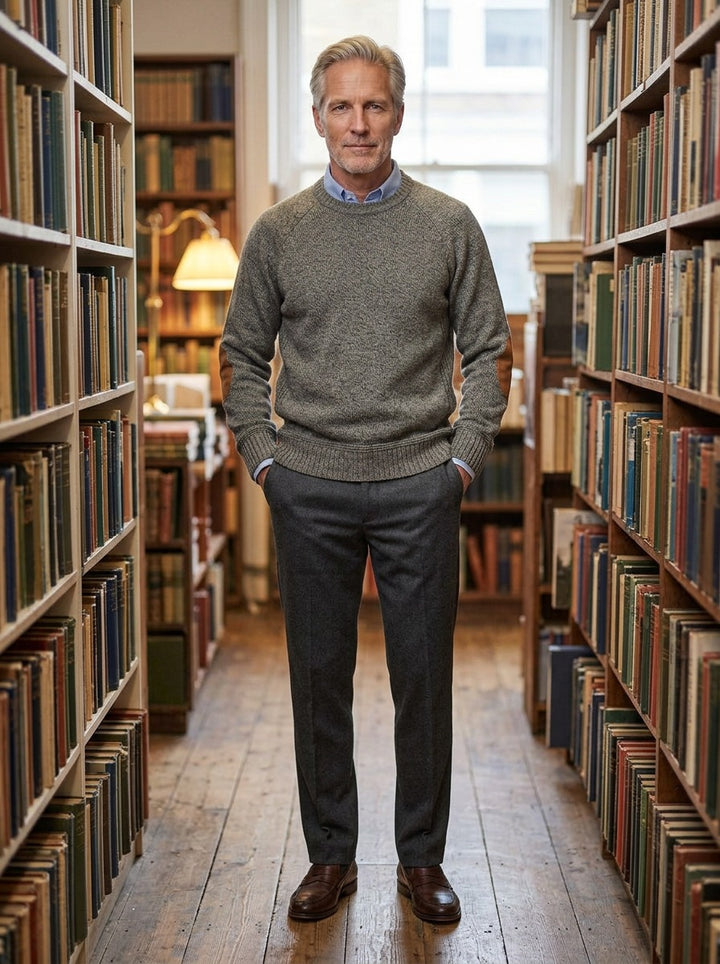 Hastings crew neck sweater in Grey, lifestyle in a secondhand bookshop, Gentlemens Manor