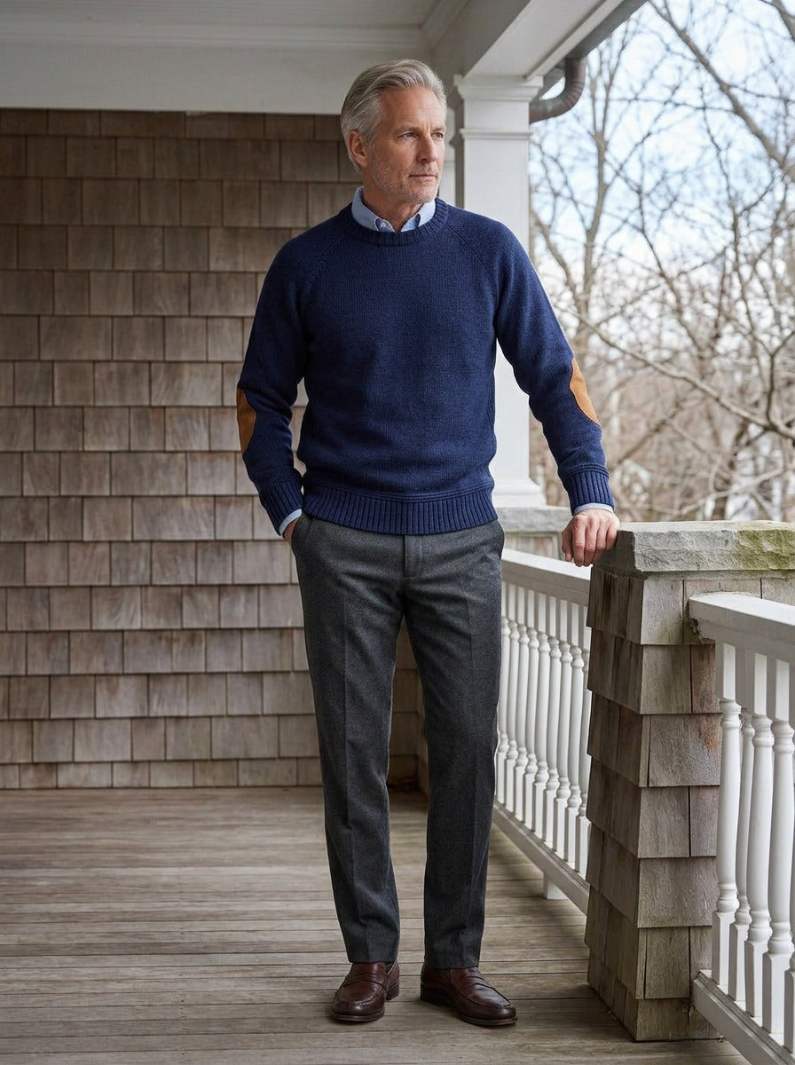 Hastings crew neck sweater in Navy, lifestyle on a covered porch, Gentlemens Manor