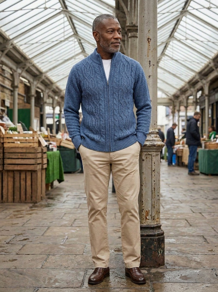 Hawley cardigan in Blue, lifestyle in a covered market hall, Gentlemens Manor