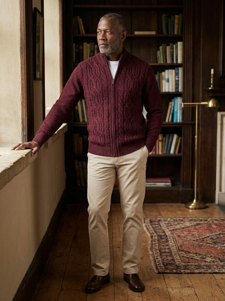 Hawley cardigan in Burgundy, lifestyle in a private study, Gentlemens Manor