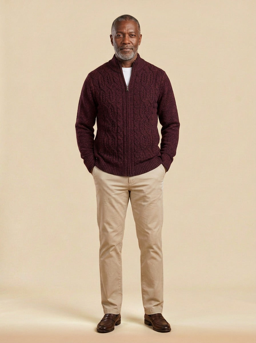 Hawley cardigan in Burgundy, studio, Gentlemens Manor