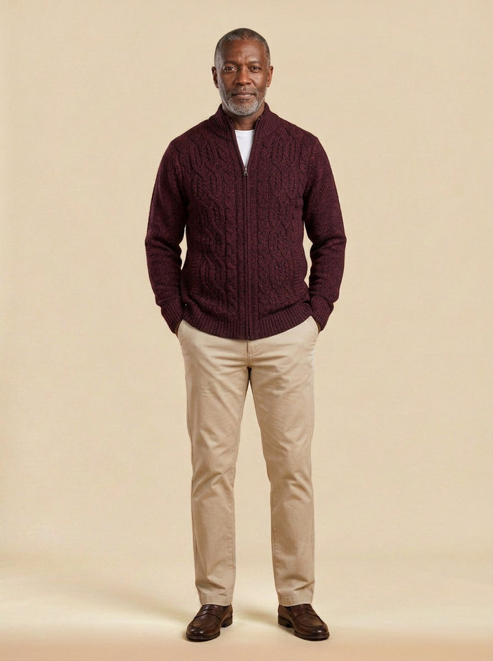 Hawley cardigan in Burgundy, studio, Gentlemens Manor