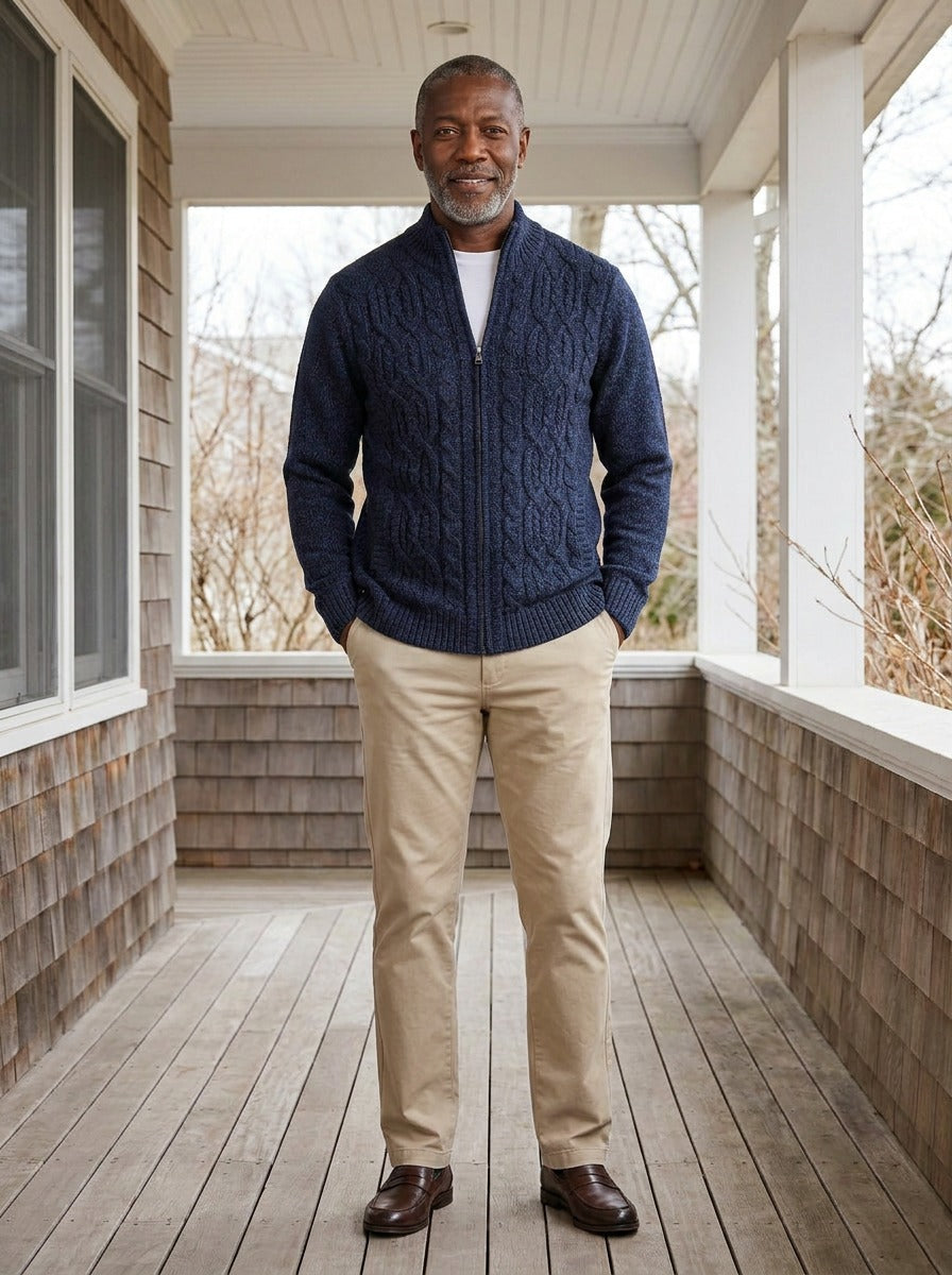 Hawley cardigan in Navy, lifestyle on a covered porch, Gentlemens Manor