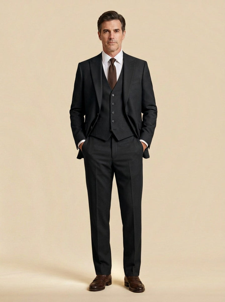 Hawthorne three piece suit in Black, studio, Gentlemens Manor