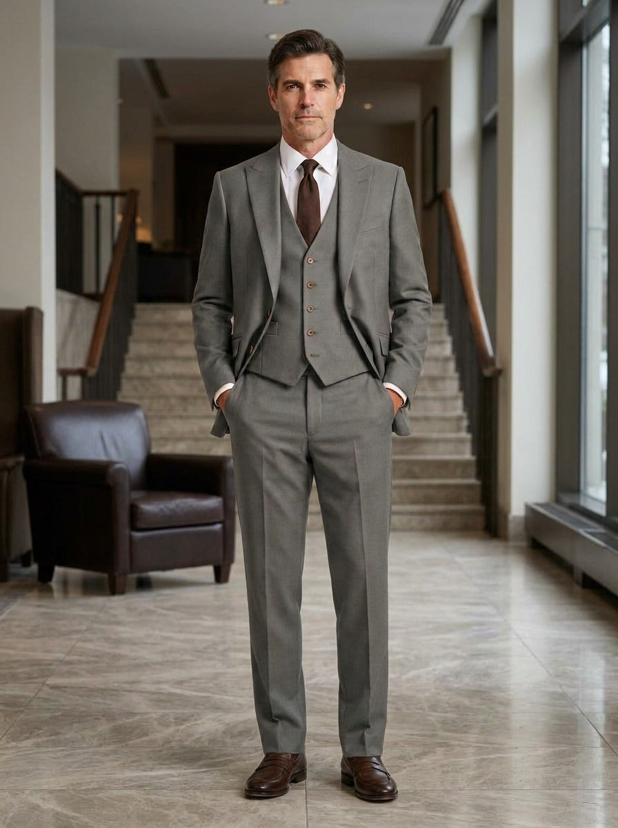 Hawthorne three piece suit in Grey, lifestyle, Gentlemens Manor