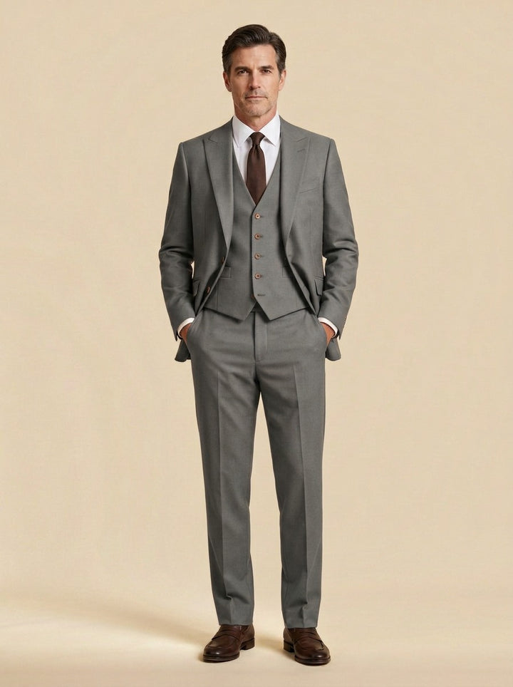 Hawthorne three piece suit in Grey, studio, Gentlemens Manor
