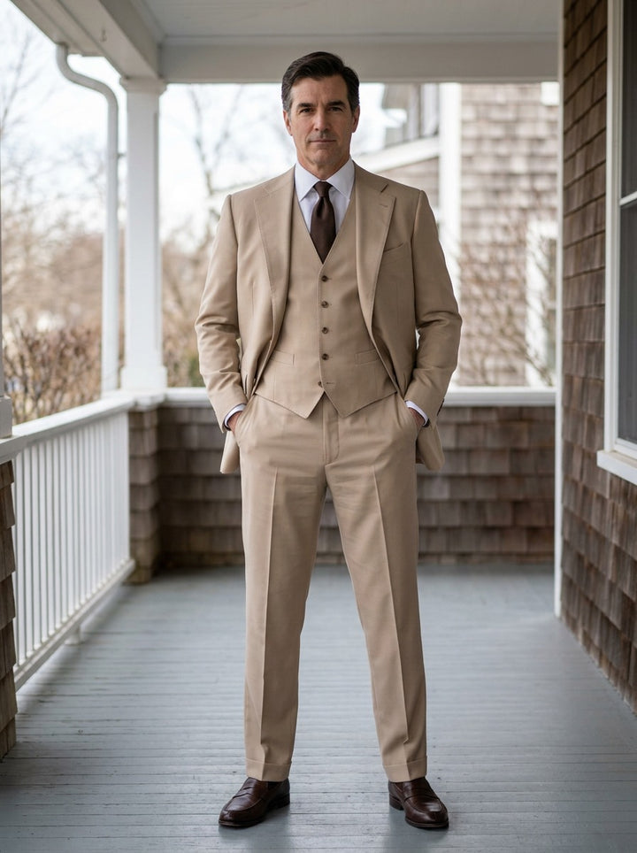 Hawthorne three piece suit in Sand, lifestyle, Gentlemens Manor