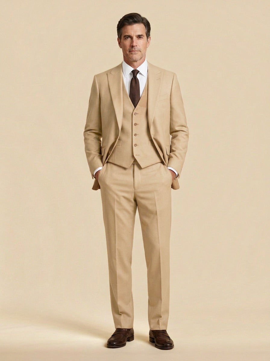 Hawthorne three piece suit in Sand, studio, Gentlemens Manor