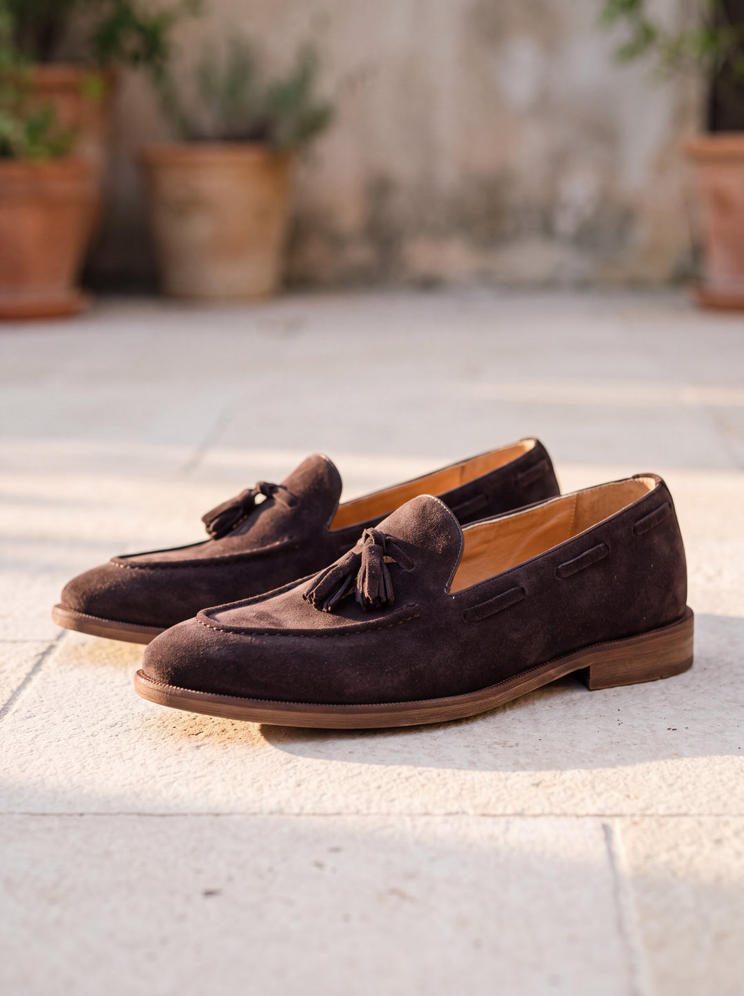 Hayden loafers in Brown, Mediterranean setting - Gentlemens Manor lifestyle