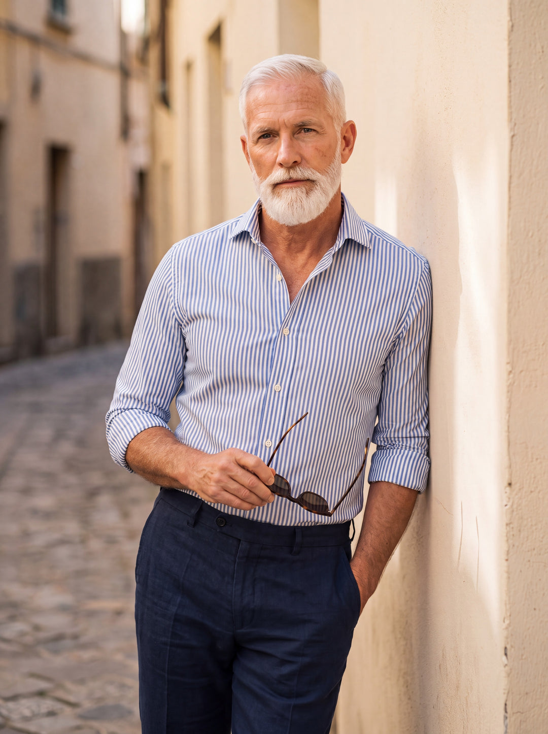 Hayes Men dress shirt in light blue, worn by a model on a Mediterranean terrace - Gentlemens Manor lifestyle