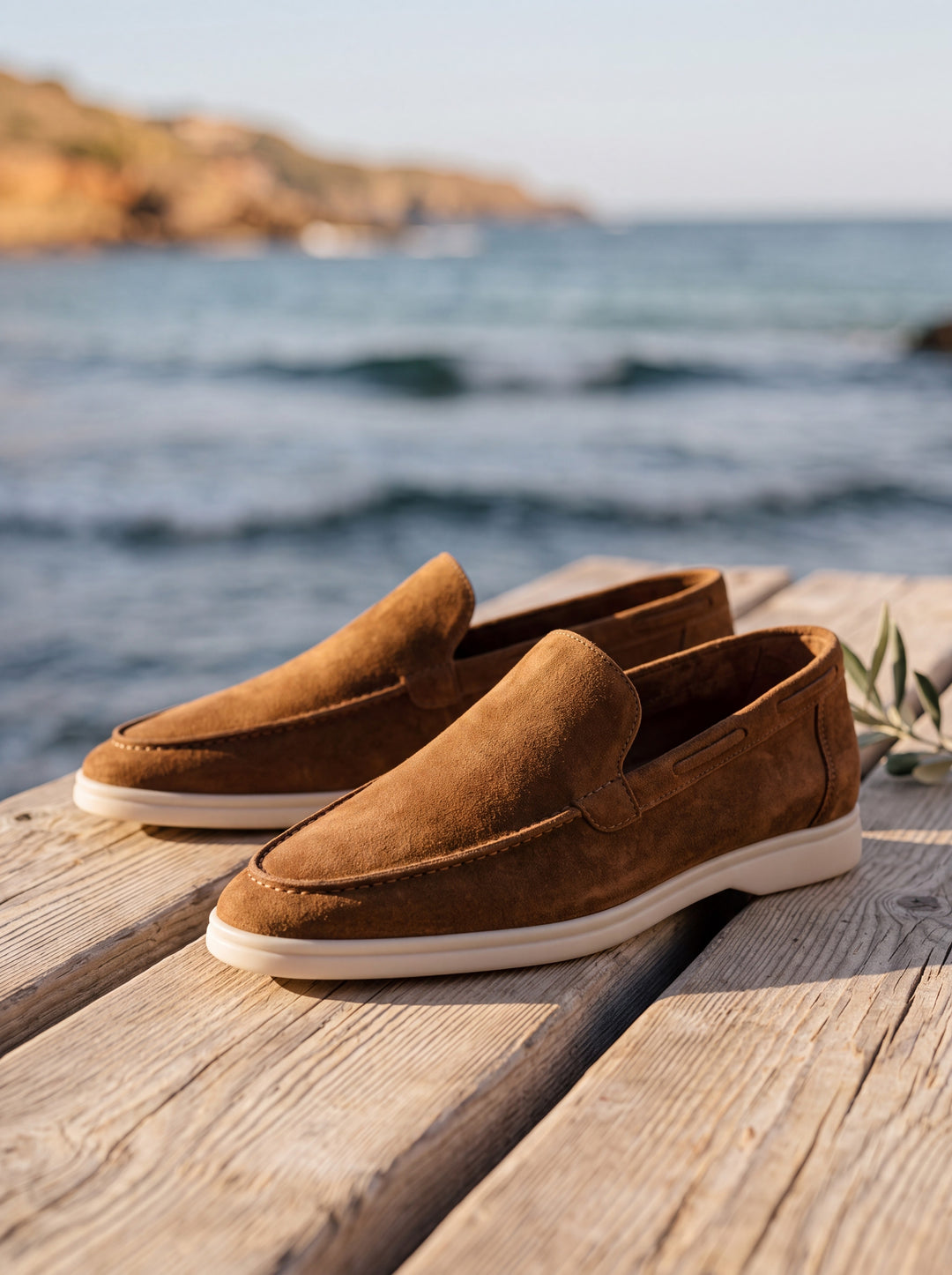 Heath loafers in Brown, Mediterranean setting - Gentlemens Manor lifestyle