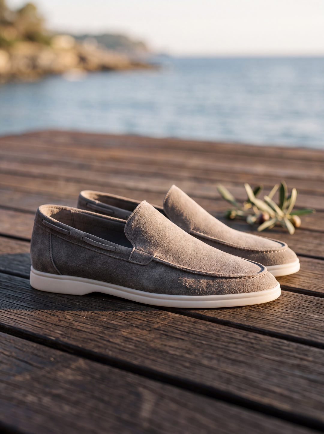 Heath loafers in Grey, Mediterranean setting - Gentlemens Manor lifestyle