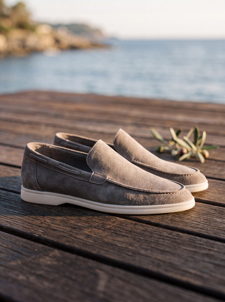 Heath loafers in Grey, Mediterranean setting - Gentlemens Manor lifestyle