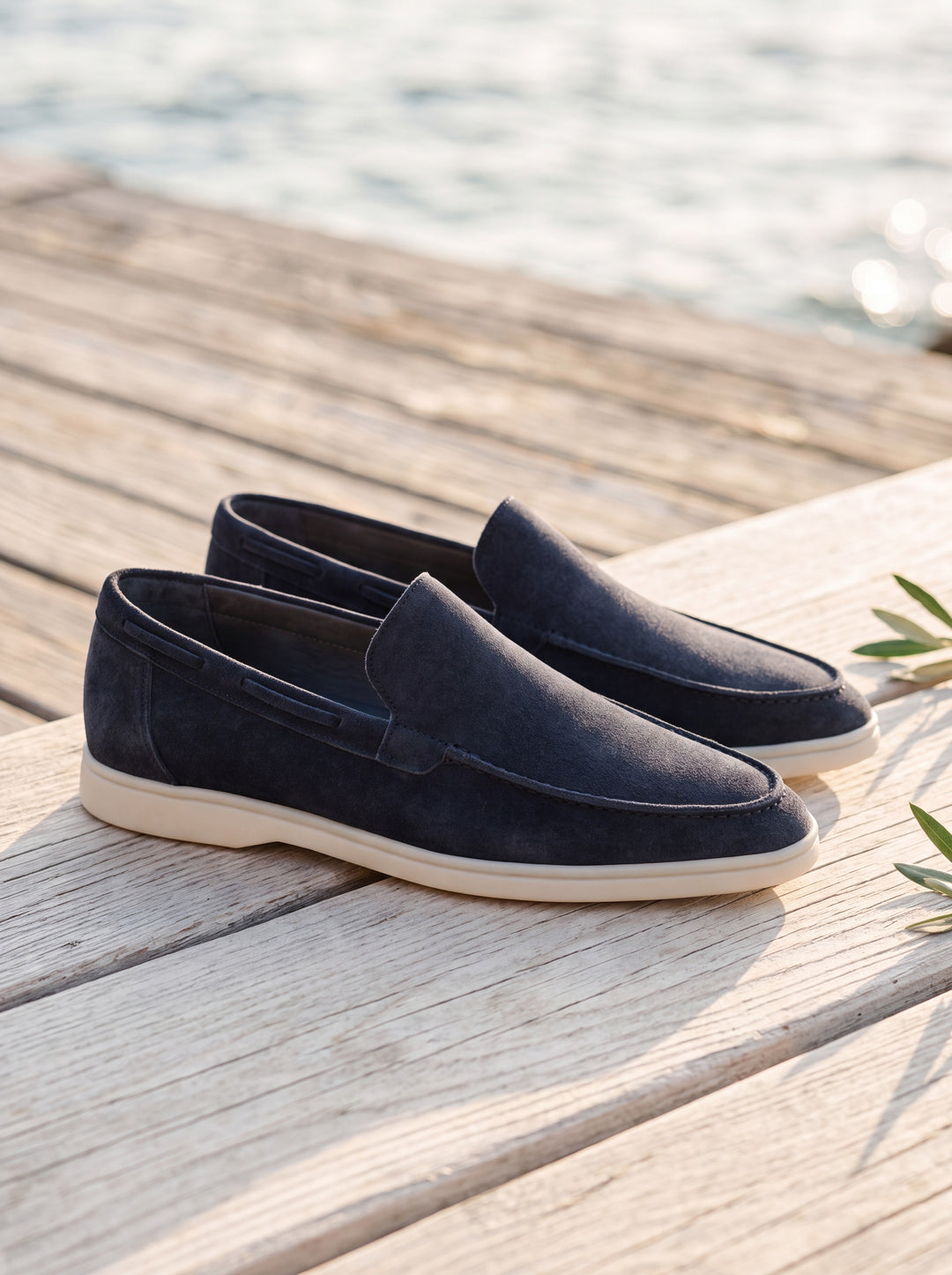 Heath loafers in Navy, Mediterranean setting - Gentlemens Manor lifestyle