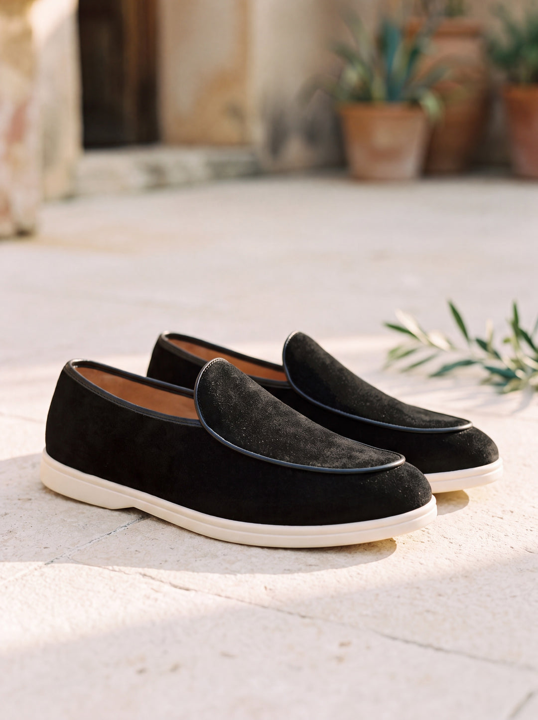 Herbert loafers in Black, Mediterranean setting - Gentlemens Manor lifestyle