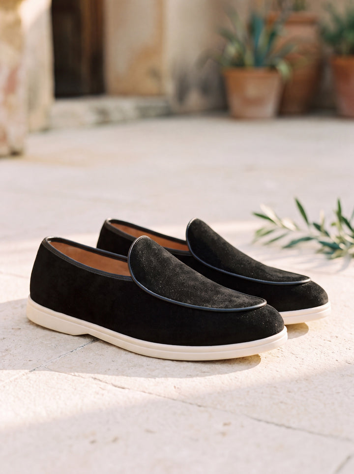 Herbert loafers in Black, Mediterranean setting - Gentlemens Manor lifestyle