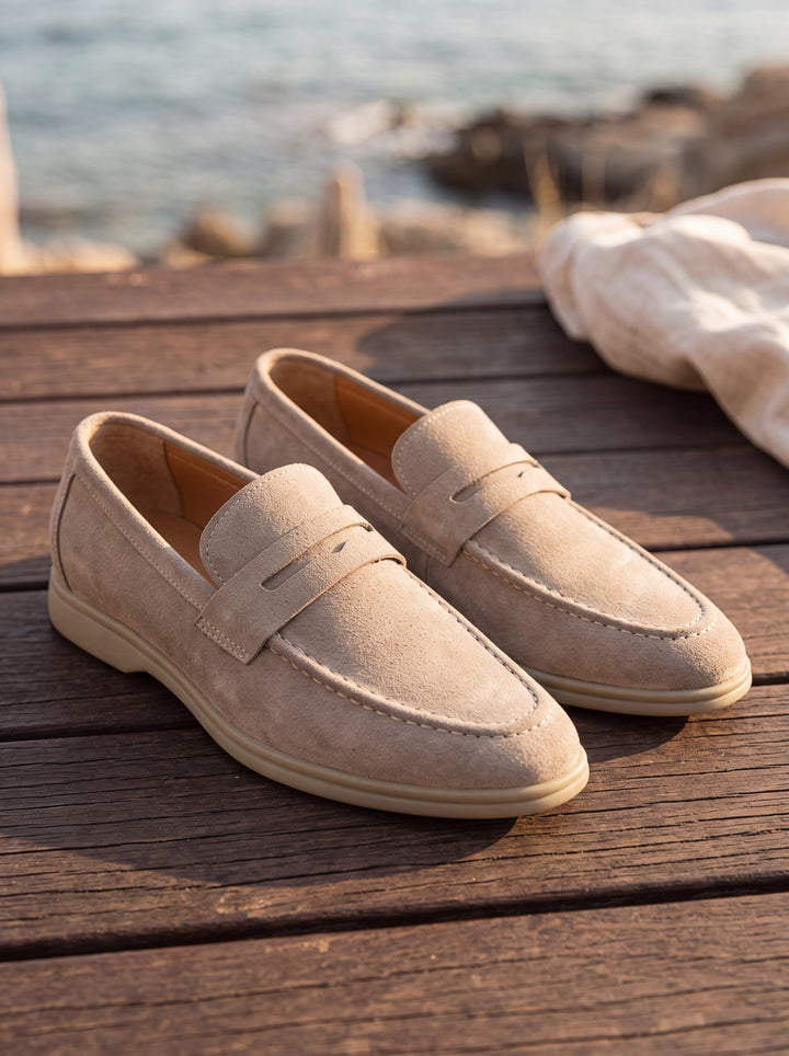 Hiram loafers in Beige, Mediterranean setting - Gentlemens Manor lifestyle