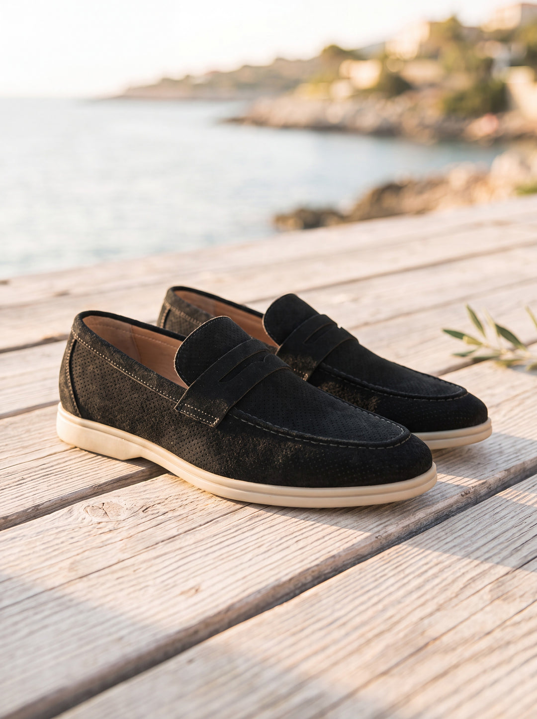 Hiram loafers in Black, Mediterranean setting - Gentlemens Manor lifestyle