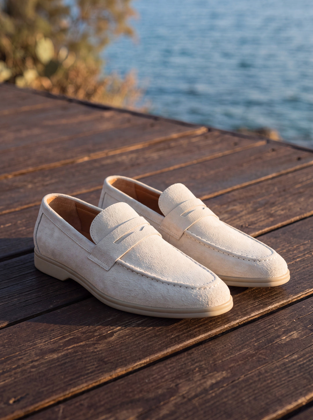 Hiram loafers in White, Mediterranean setting - Gentlemens Manor lifestyle
