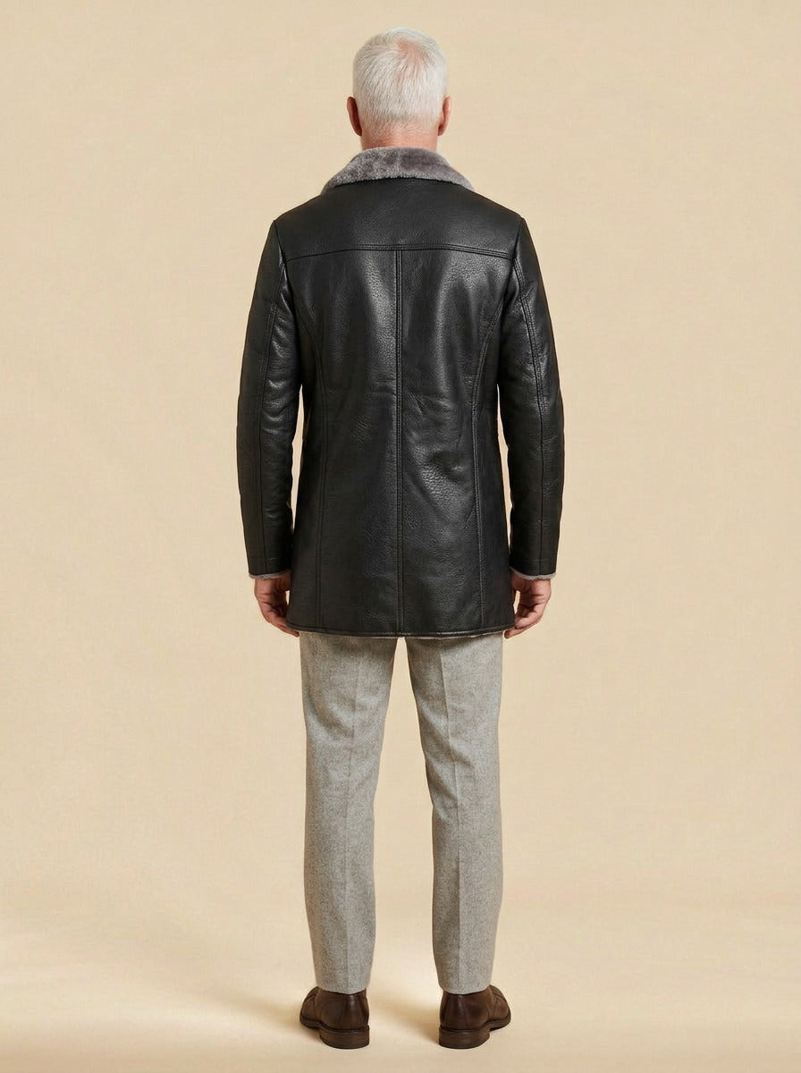 Hobart leather look car coat in Black, back view, Gentlemens Manor