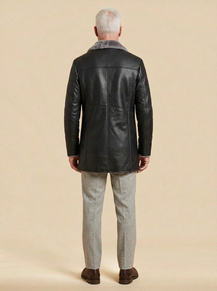 Hobart leather look car coat in Black, back view, Gentlemens Manor