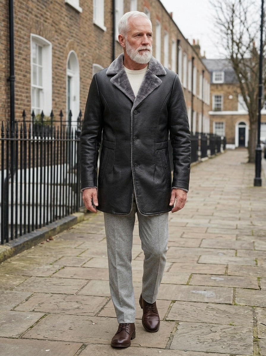 Hobart leather look car coat in Black, lifestyle on a street of brick row houses, Gentlemens Manor