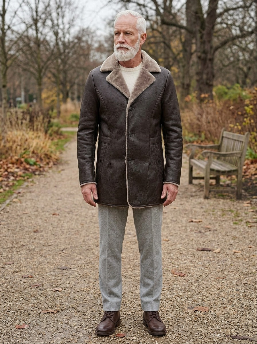 Hobart leather look car coat in Dark Brown, lifestyle on a park path, Gentlemens Manor