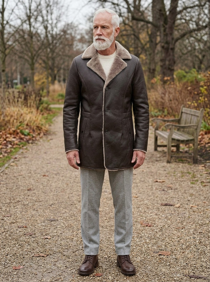 Hobart leather look car coat in Dark Brown, lifestyle on a park path, Gentlemens Manor