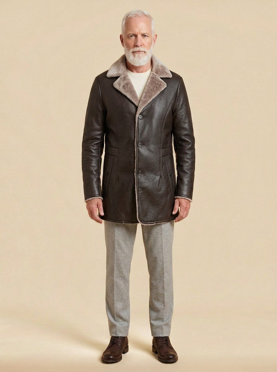 Hobart leather look car coat in Dark Brown, studio, Gentlemens Manor