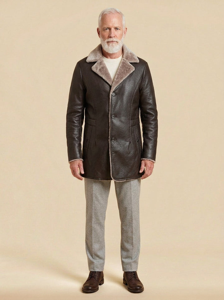 Hobart leather look car coat in Dark Brown, studio, Gentlemens Manor