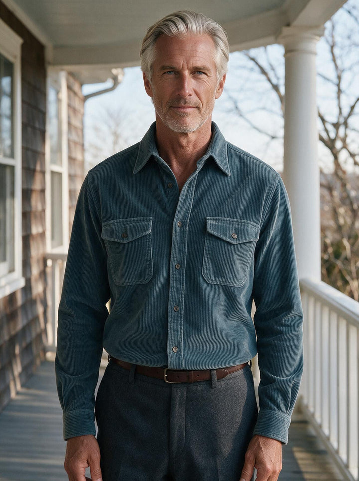 Holbrook corduroy shirt in Blue, lifestyle, Gentlemens Manor