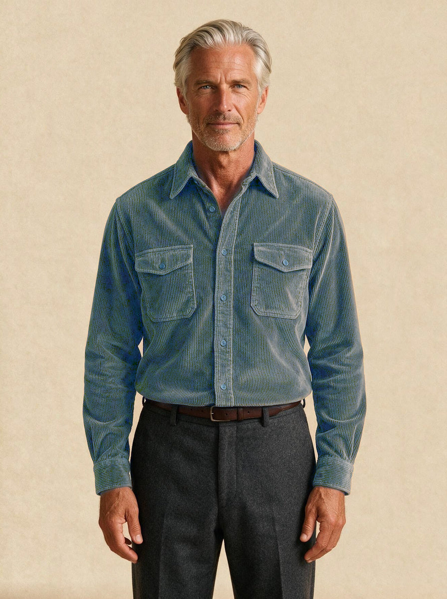Holbrook corduroy shirt in Blue, studio, Gentlemens Manor