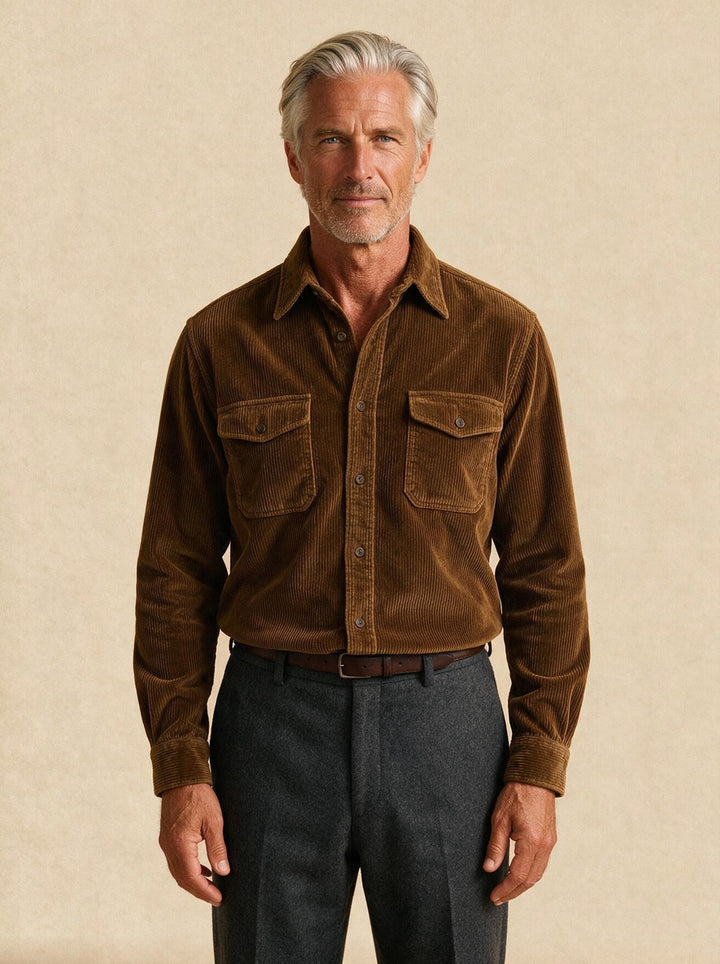Holbrook corduroy shirt in Brown, studio, Gentlemens Manor