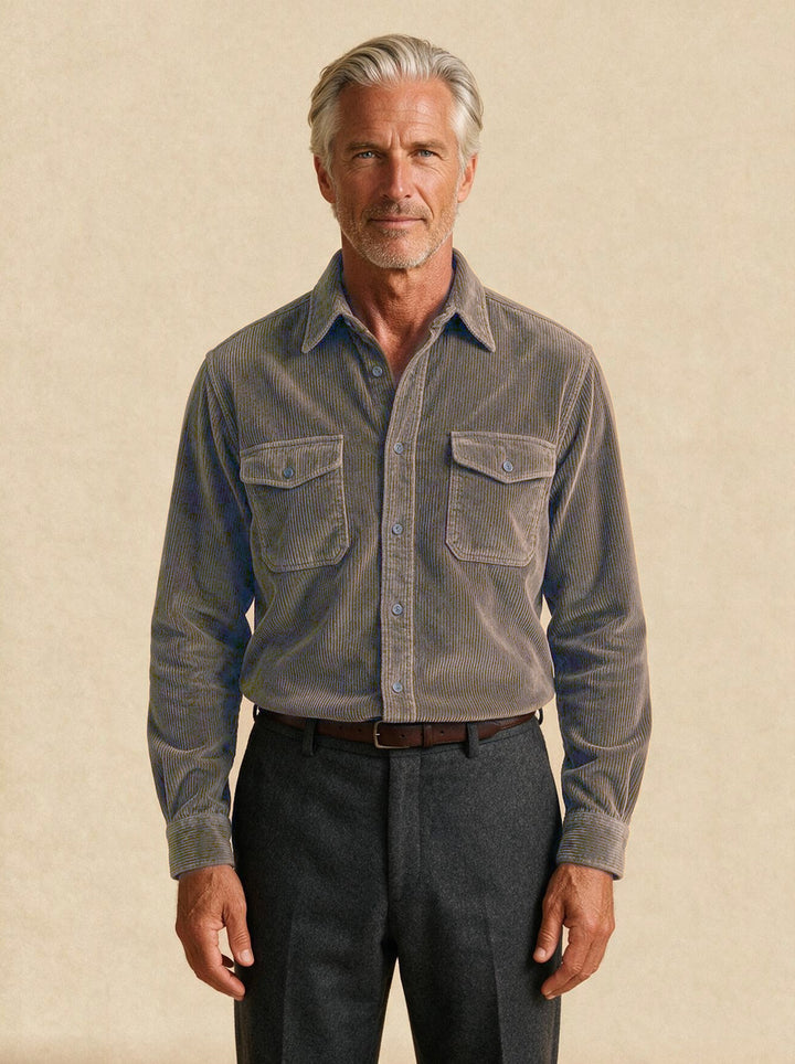 Holbrook corduroy shirt in Charcoal, studio, Gentlemens Manor