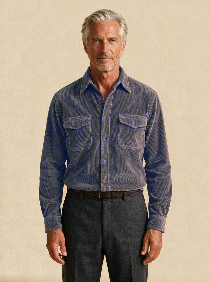 Holbrook corduroy shirt in Navy, studio, Gentlemens Manor