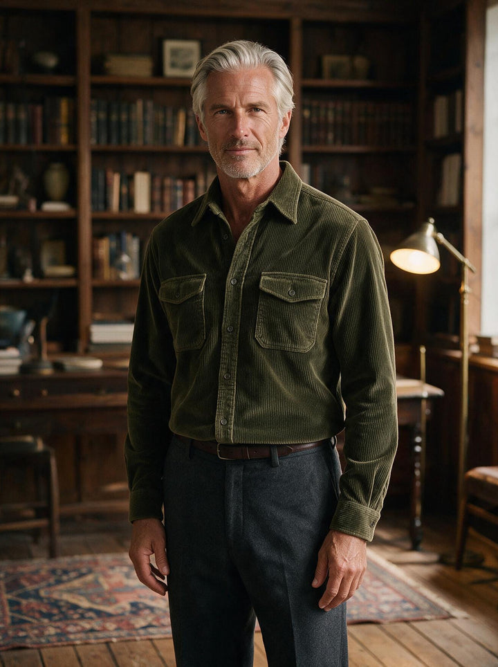 Holbrook corduroy shirt in Olive, lifestyle, Gentlemens Manor