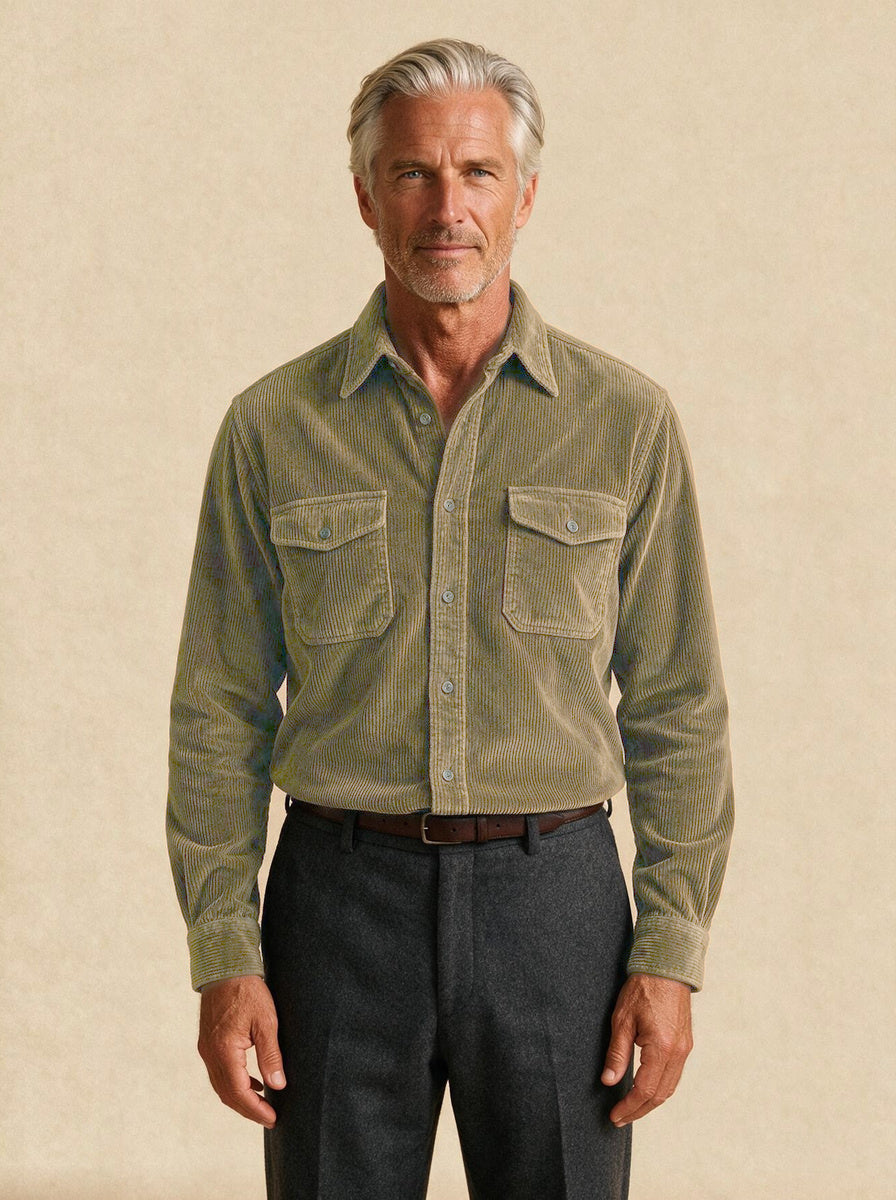 Holbrook corduroy shirt in Olive, studio, Gentlemens Manor