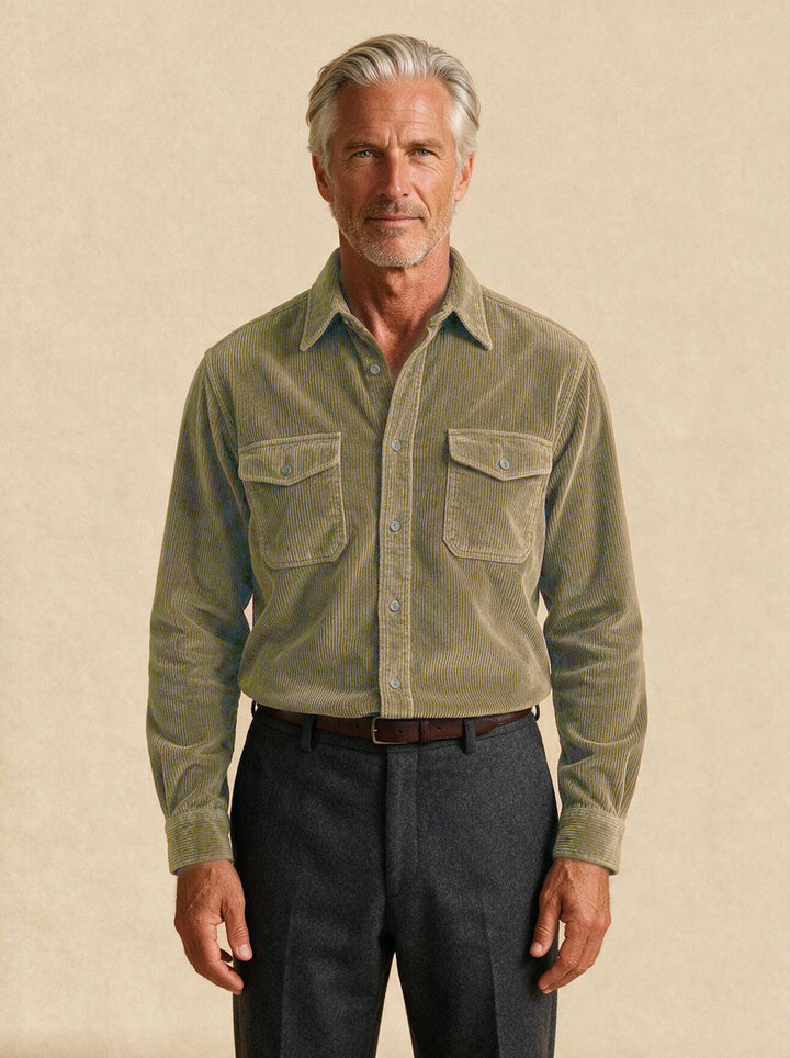Holbrook corduroy shirt in Olive, studio, Gentlemens Manor