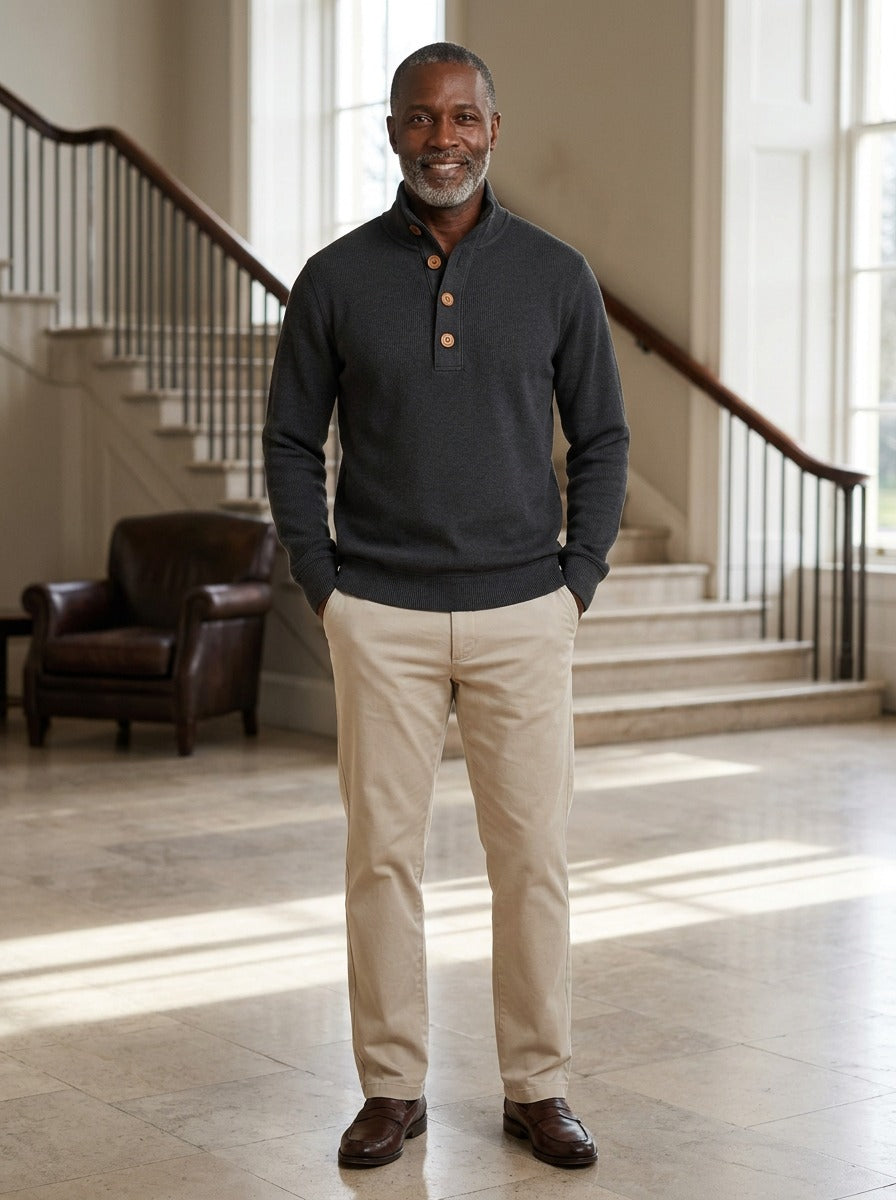 Holcomb sweater in Charcoal, lifestyle in a hotel lobby, Gentlemens Manor