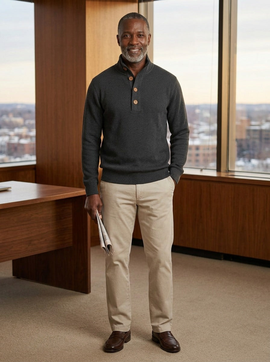 Holcomb sweater in Charcoal, lifestyle in a timber paneled office, Gentlemens Manor