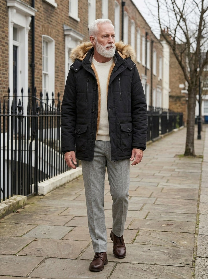 Holden winter parka in Black, lifestyle on a street of brick row houses, Gentlemens Manor
