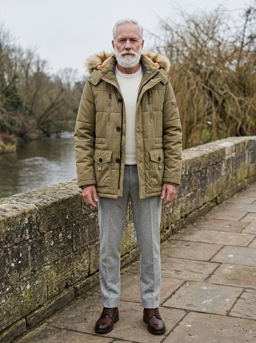 Holden winter parka in Khaki, lifestyle on a stone footbridge, Gentlemens Manor