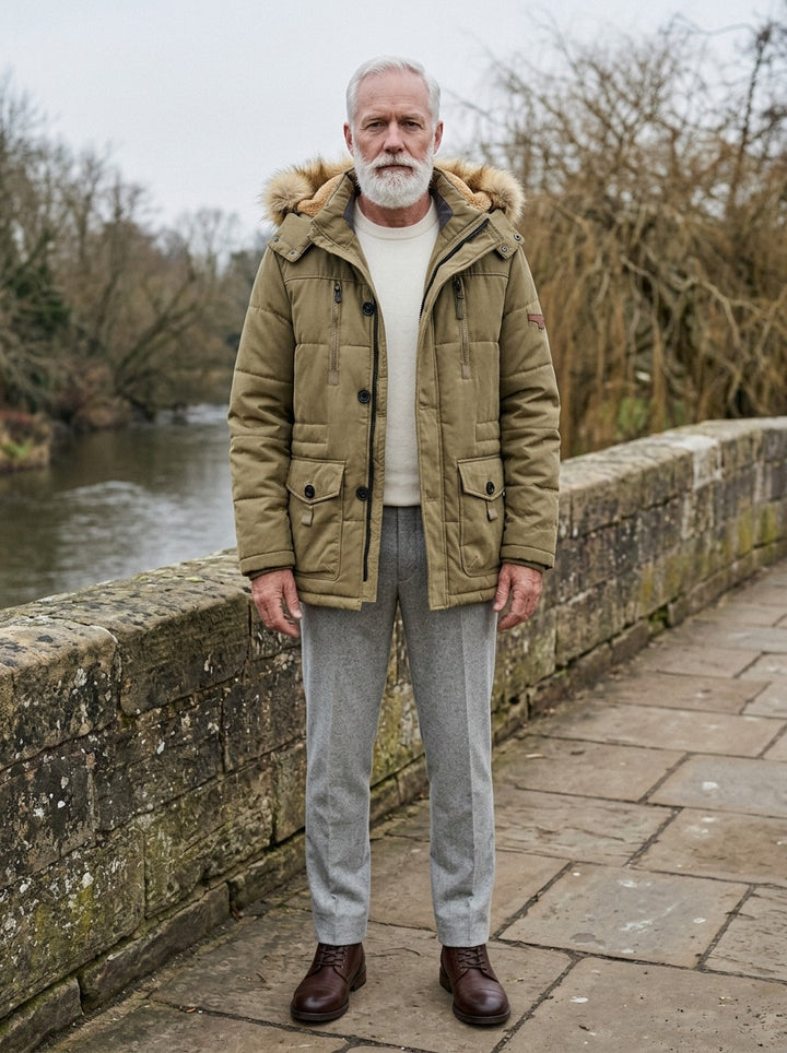 Holden winter parka in Khaki, lifestyle on a stone footbridge, Gentlemens Manor