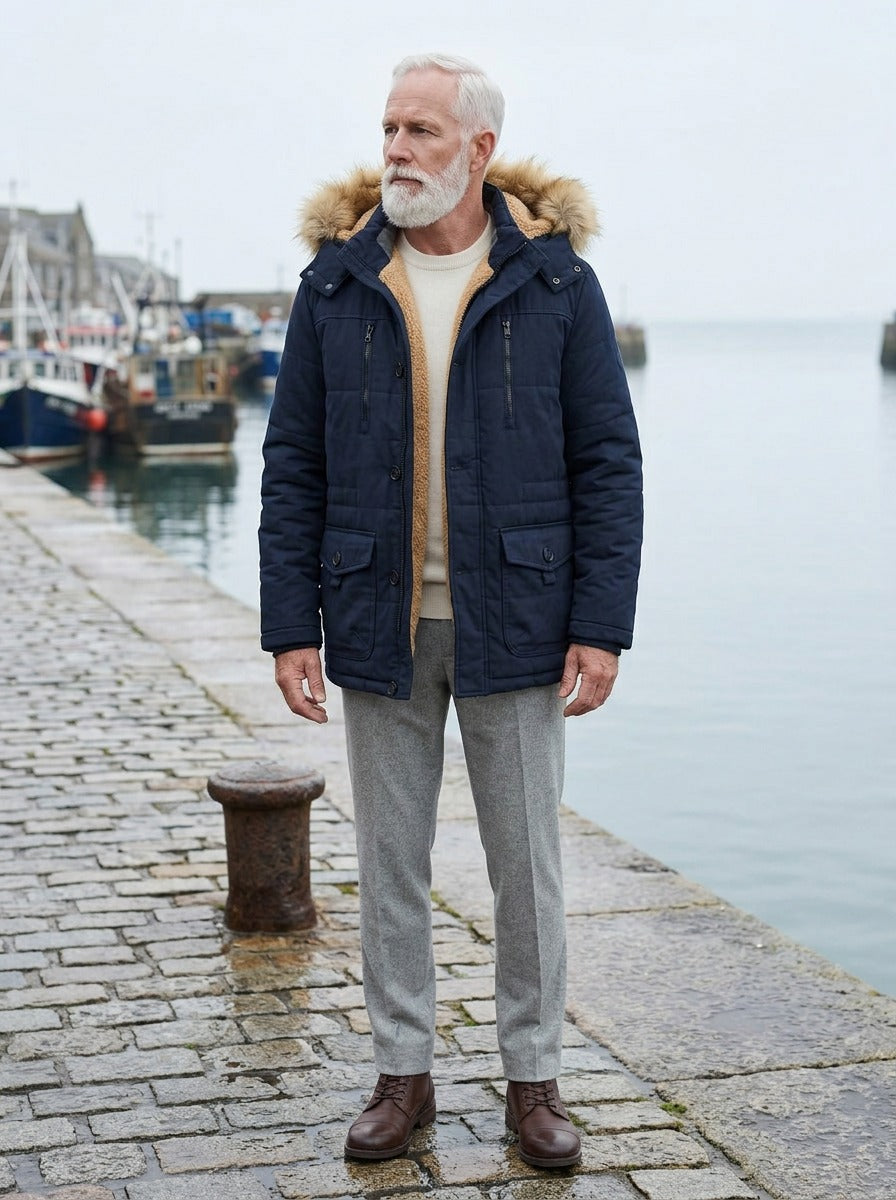Holden winter parka in Navy, lifestyle on a stone harbor quay, Gentlemens Manor