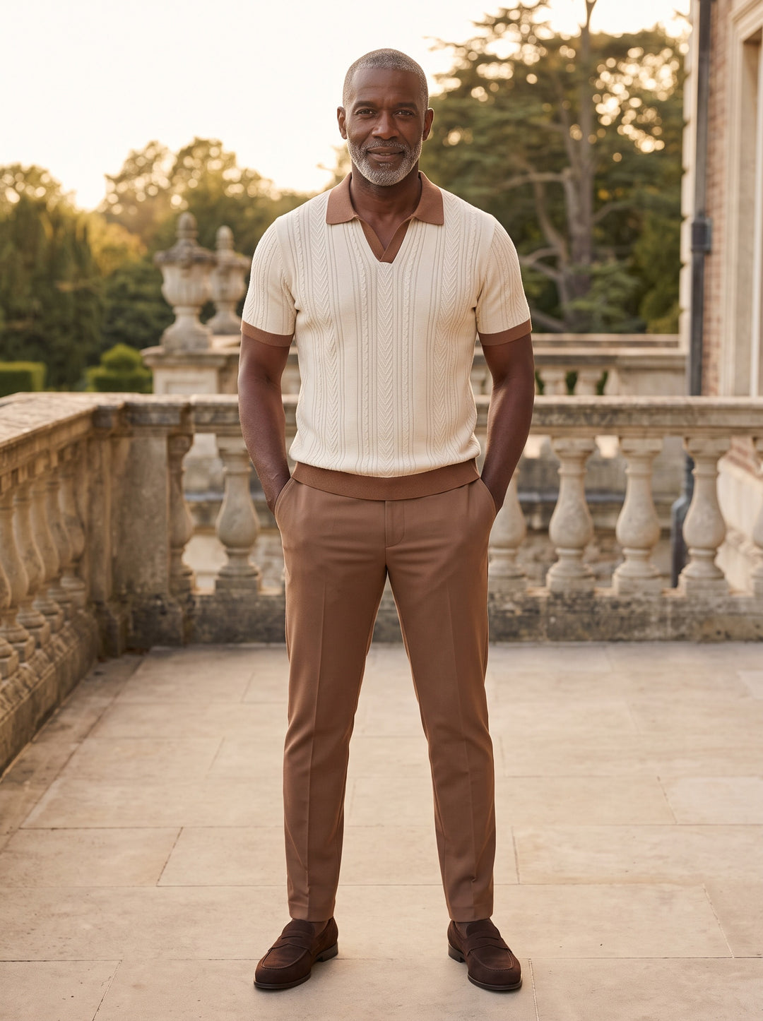 Hollis two piece set in Beige, lifestyle, Gentlemens Manor
