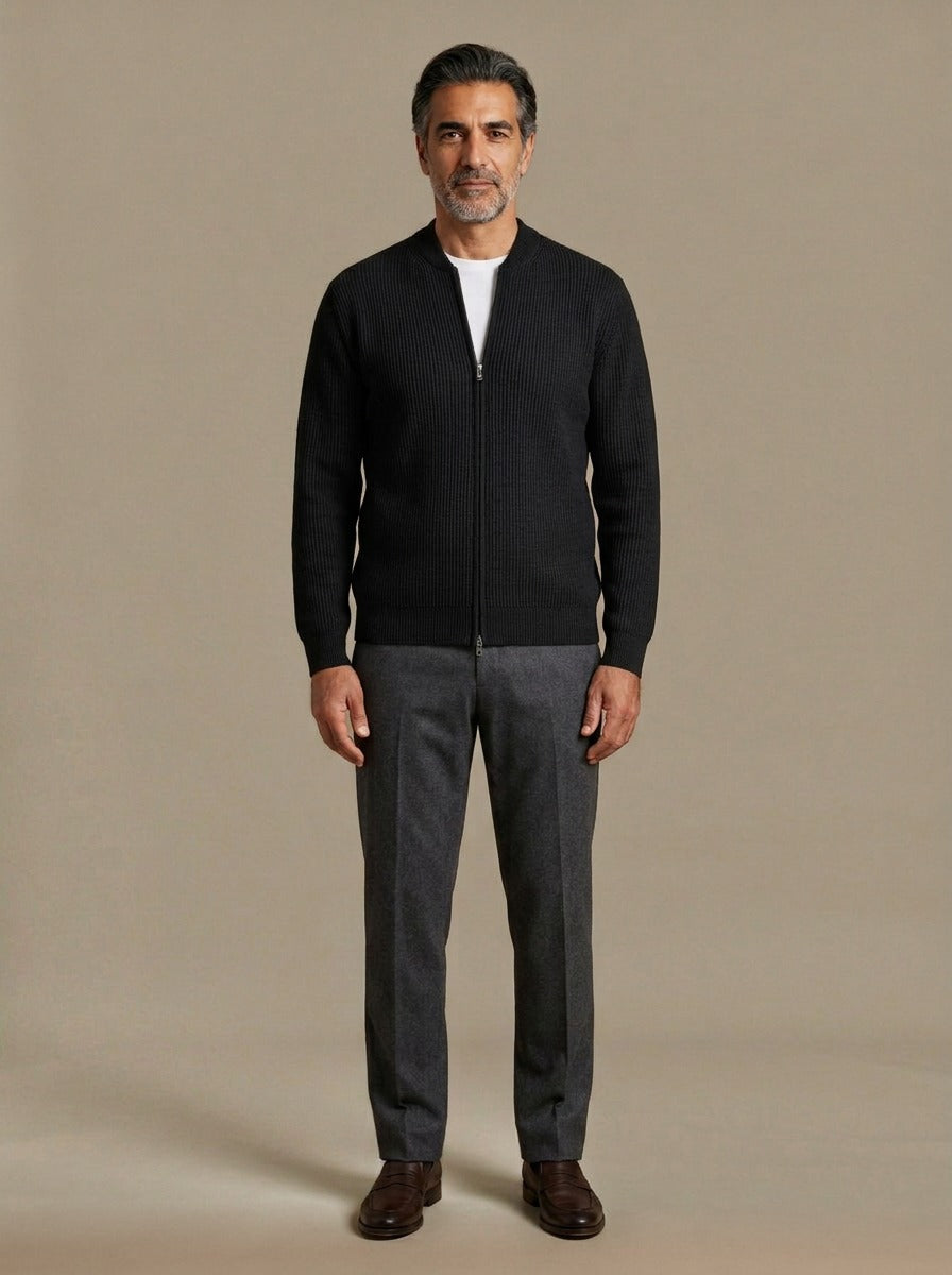 Hopkins ribbed zip cardigan in Black, studio, Gentlemens Manor