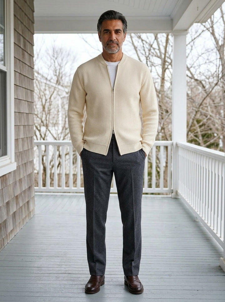 Hopkins ribbed zip cardigan in Cream, lifestyle on a covered porch, Gentlemens Manor