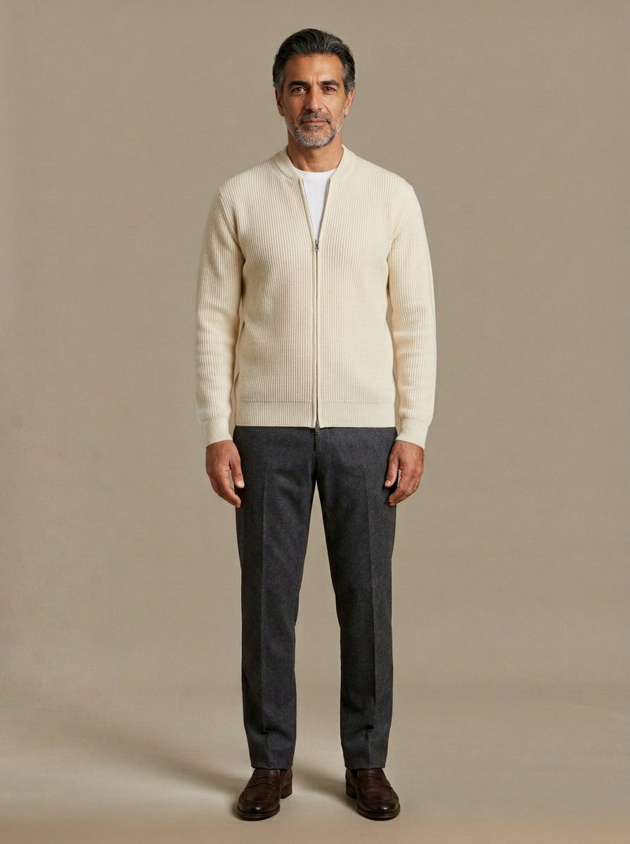 Hopkins ribbed zip cardigan in Cream, studio, Gentlemens Manor